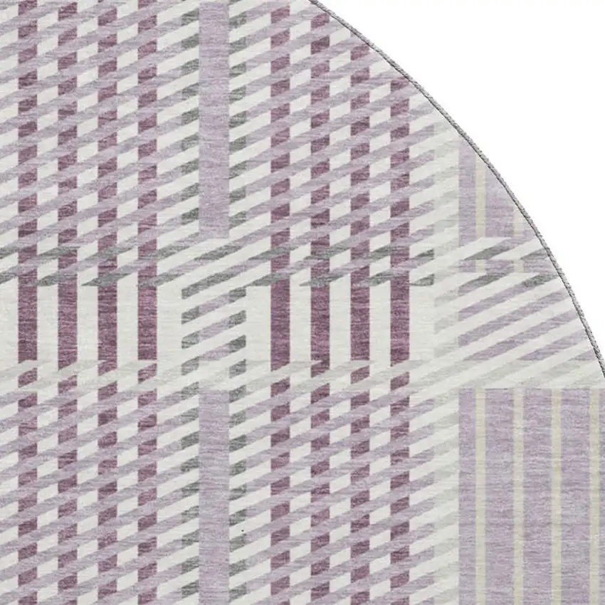 8' Lavender Gray And Ivory Plaid Washable Round Rug With UV Protection Photo 2