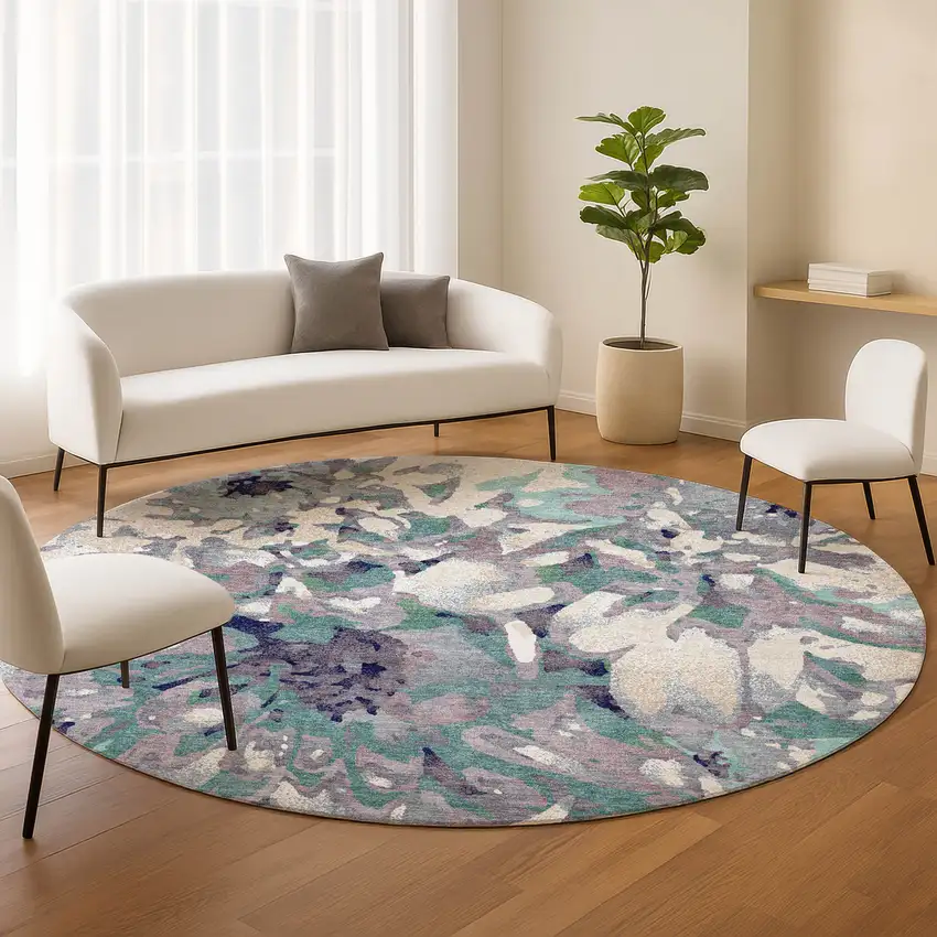 8' Lavender Gray And Ivory Round Floral Washable Indoor Outdoor Area Rug Photo 9