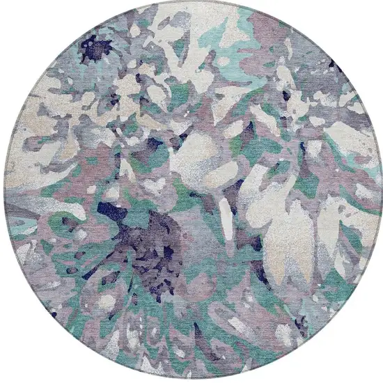 8' Lavender Gray And Ivory Round Floral Washable Indoor Outdoor Area Rug Photo 4