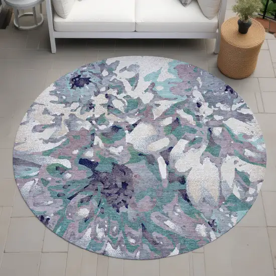 8' Lavender Gray And Ivory Round Floral Washable Indoor Outdoor Area Rug Photo 8