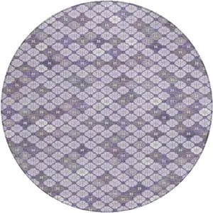 Photo of 8' Lavender Gray And Ivory Round Geometric Washable Indoor Outdoor Area Rug