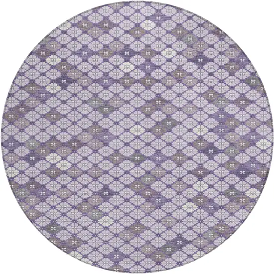 8' Lavender Gray And Ivory Round Geometric Washable Indoor Outdoor Area Rug Photo 1