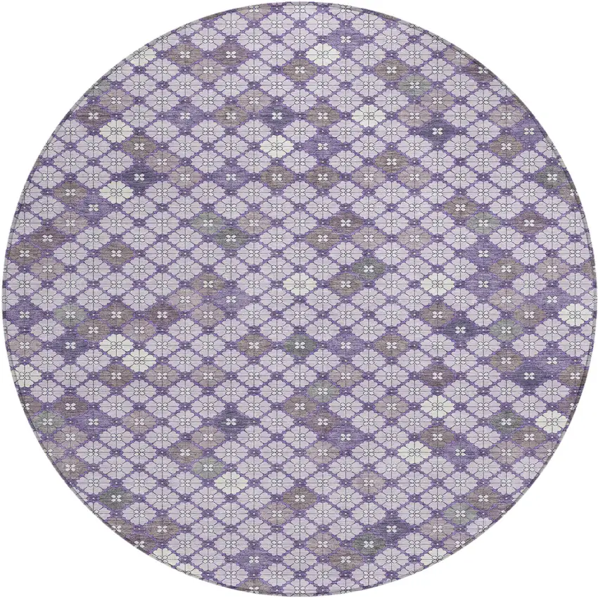 8' Lavender Gray And Ivory Round Geometric Washable Indoor Outdoor Area Rug Photo 1