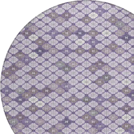 8' Lavender Gray And Ivory Round Geometric Washable Indoor Outdoor Area Rug Photo 8
