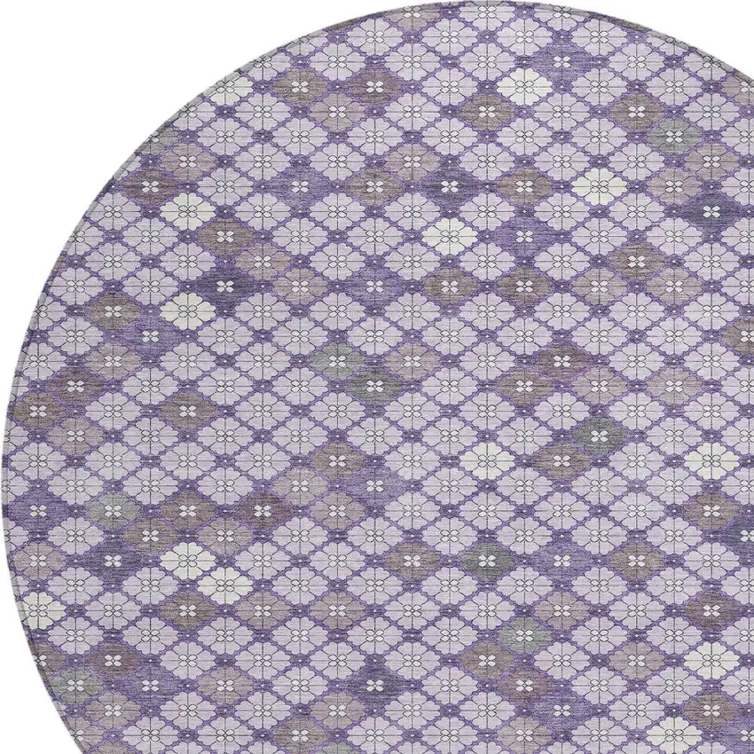 8' Lavender Gray And Ivory Round Geometric Washable Indoor Outdoor Area Rug Photo 8
