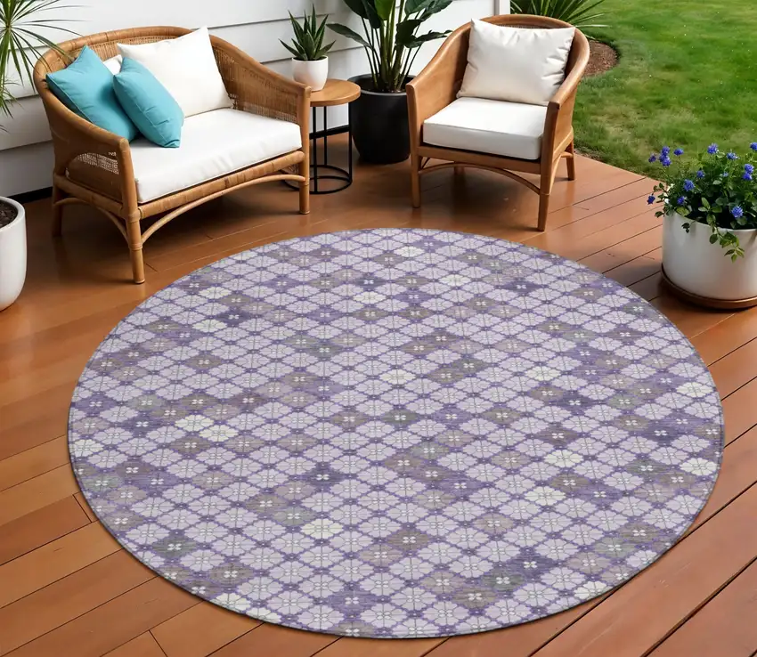 8' Lavender Gray And Ivory Round Geometric Washable Indoor Outdoor Area Rug Photo 2