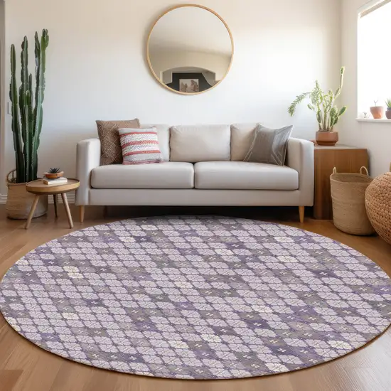 8' Lavender Gray And Ivory Round Geometric Washable Indoor Outdoor Area Rug Photo 6