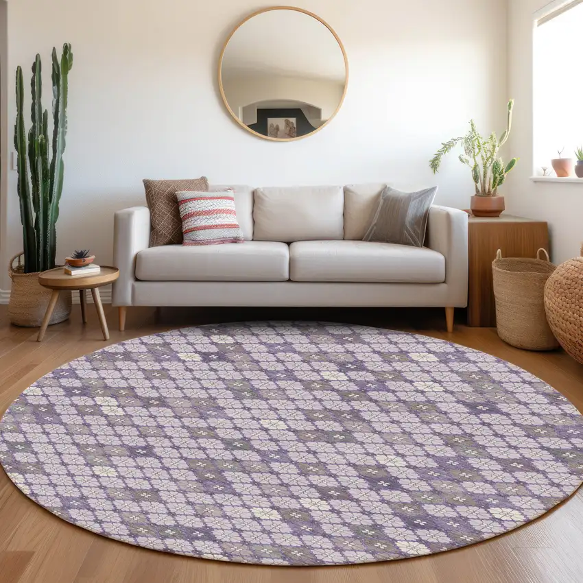 8' Lavender Gray And Ivory Round Geometric Washable Indoor Outdoor Area Rug Photo 6