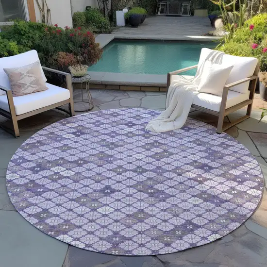 8' Lavender Gray And Ivory Round Geometric Washable Indoor Outdoor Area Rug Photo 5