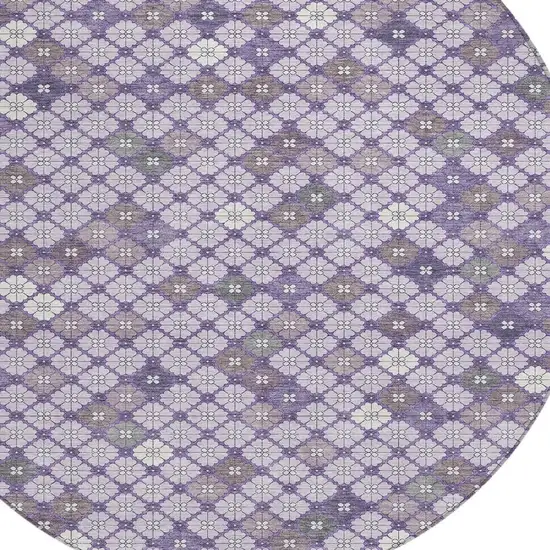 8' Lavender Gray And Ivory Round Geometric Washable Indoor Outdoor Area Rug Photo 4