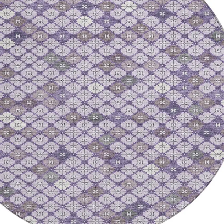 8' Lavender Gray And Ivory Round Geometric Washable Indoor Outdoor Area Rug Photo 4