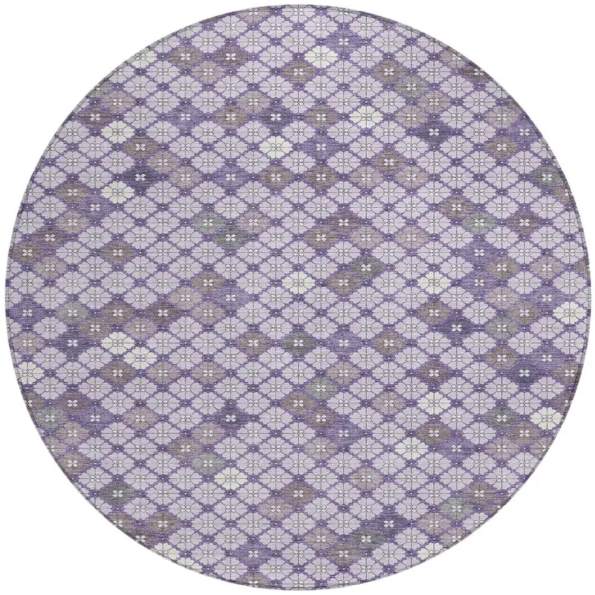 8' Lavender Gray And Ivory Round Geometric Washable Indoor Outdoor Area Rug Photo 3