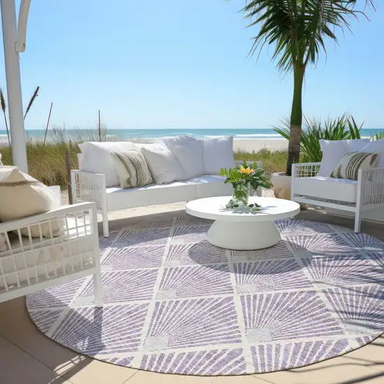 8' Lavender Gray And Ivory Round Geometric Washable Indoor Outdoor Area Rug Photo 7