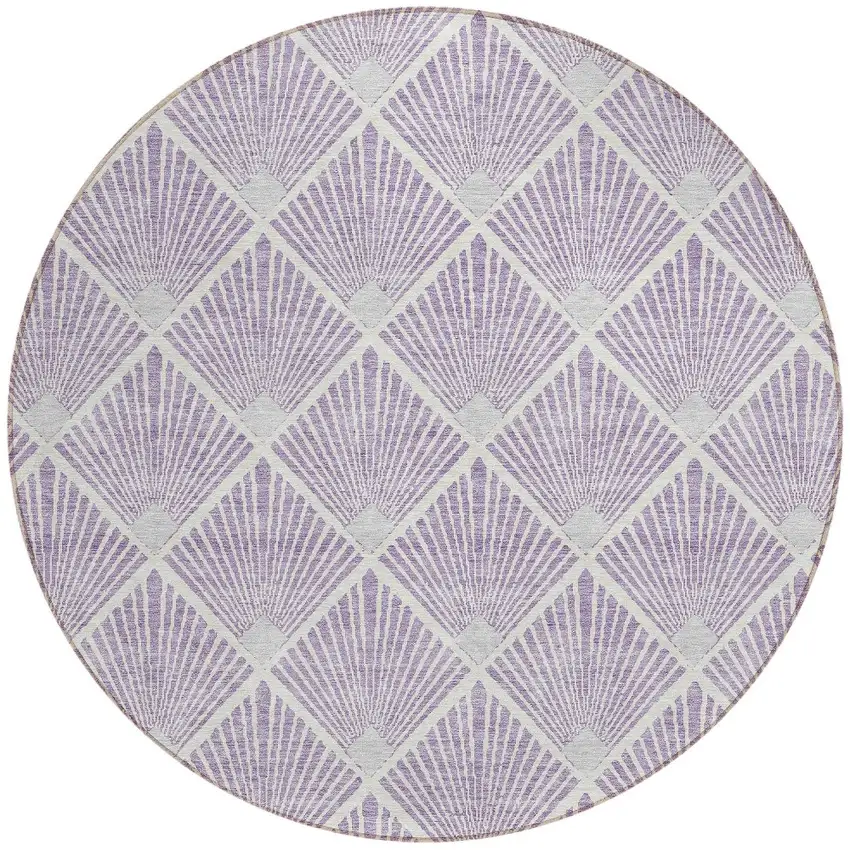 8' Lavender Gray And Ivory Round Geometric Washable Indoor Outdoor Area Rug Photo 6