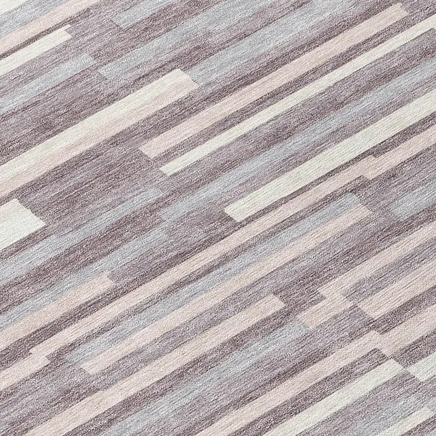 8' Lavender Gray And Ivory Round Striped Washable Indoor Outdoor Area Rug Photo 8
