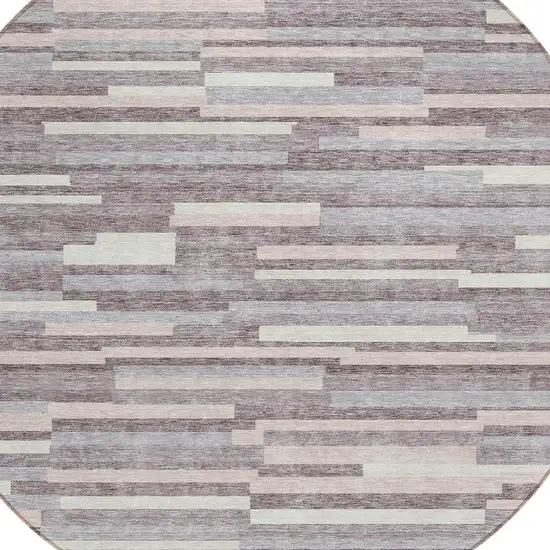8' Lavender Gray And Ivory Round Striped Washable Indoor Outdoor Area Rug Photo 4