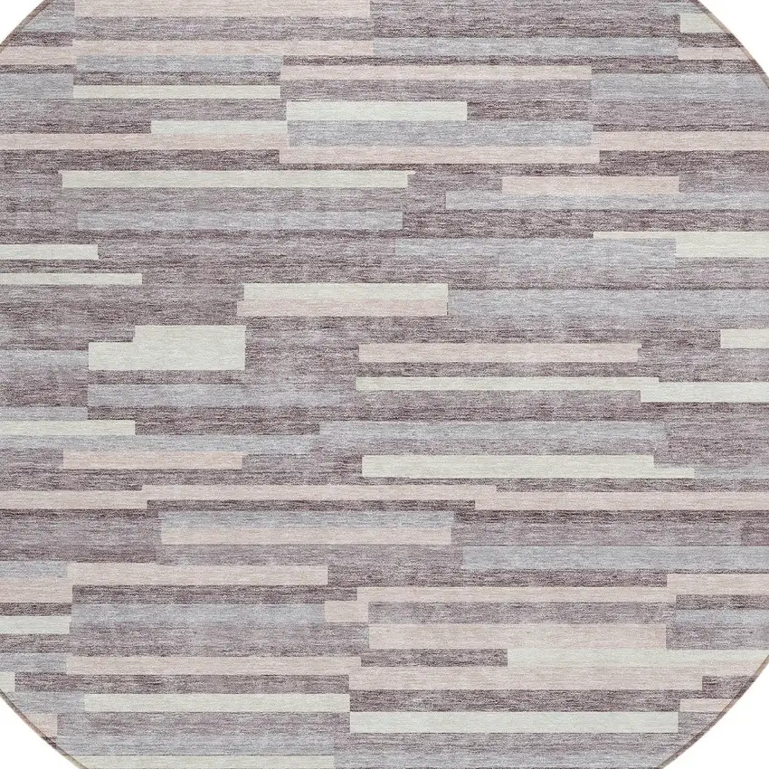 8' Lavender Gray And Ivory Round Striped Washable Indoor Outdoor Area Rug Photo 4