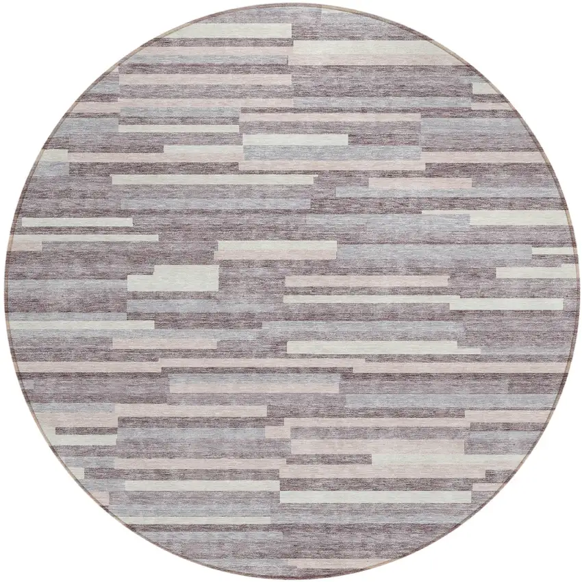 8' Lavender Gray And Ivory Round Striped Washable Indoor Outdoor Area Rug Photo 2