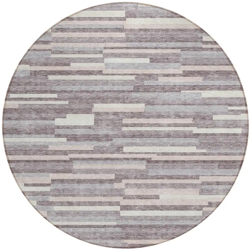 8' Lavender Gray And Ivory Round Striped Washable Indoor Outdoor Area Rug Photo 5