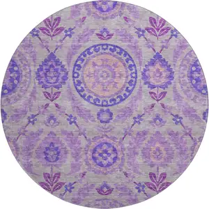 Photo of 8' Lavender Gray And Peach Floral Washable Round Rug With UV Protection