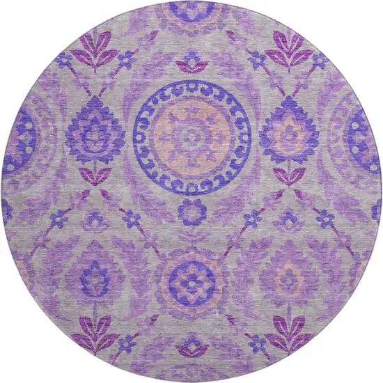 8' Lavender Gray And Peach Floral Washable Round Rug With UV Protection Photo 1
