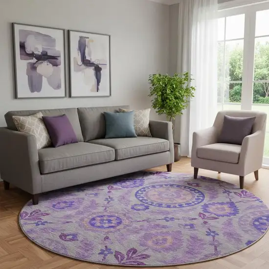 8' Lavender Gray And Peach Floral Washable Round Rug With UV Protection Photo 1