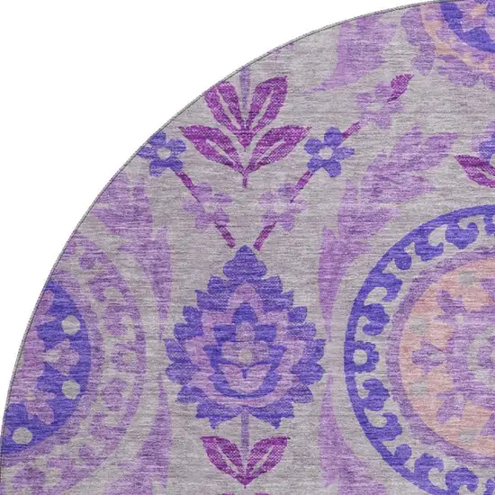 8' Lavender Gray And Peach Floral Washable Round Rug With UV Protection Photo 3