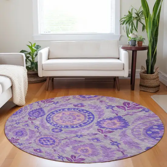 8' Lavender Gray And Peach Floral Washable Round Rug With UV Protection Photo 5