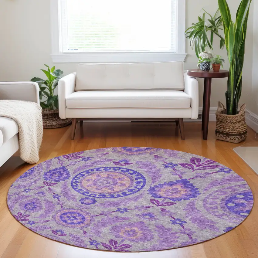 8' Lavender Gray And Peach Floral Washable Round Rug With UV Protection Photo 5