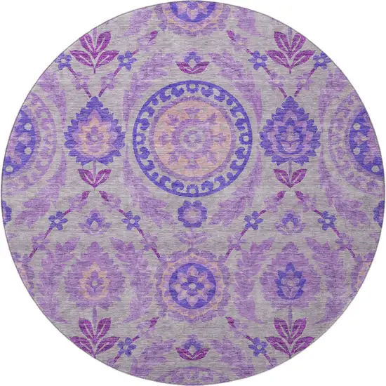8' Lavender Gray And Peach Floral Washable Round Rug With UV Protection Photo 4