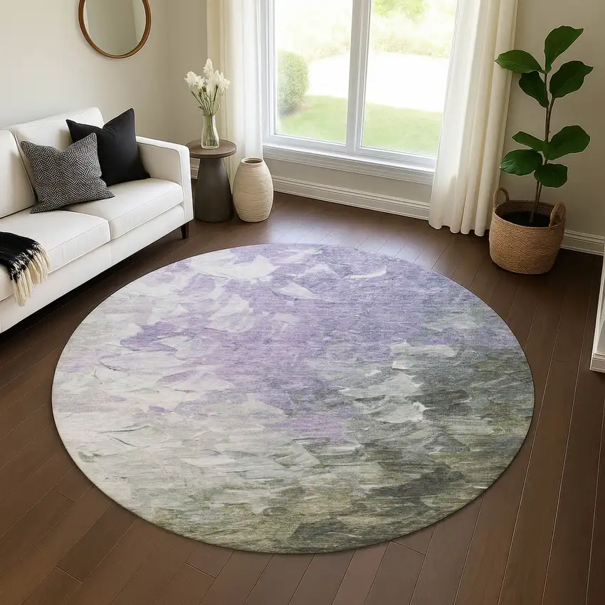 8' Lavender Gray And Silver Abstract Washable Round Rug With UV Protection Photo 4