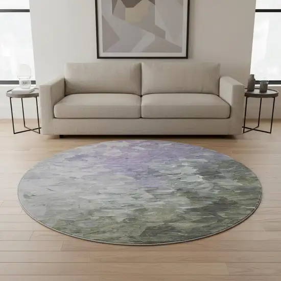 8' Lavender Gray And Silver Abstract Washable Round Rug With UV Protection Photo 2