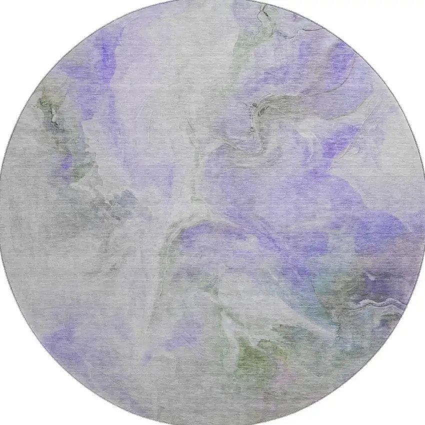 8' Lavender Gray And Silver Abstract Washable Round Rug With UV Protection Photo 3