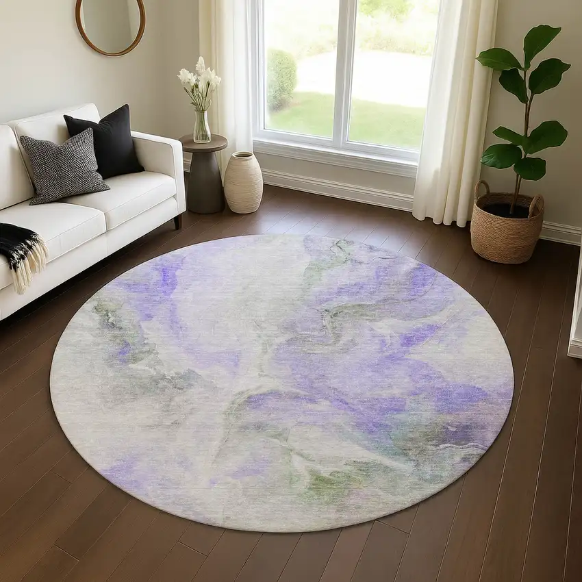 8' Lavender Gray And Silver Abstract Washable Round Rug With UV Protection Photo 4