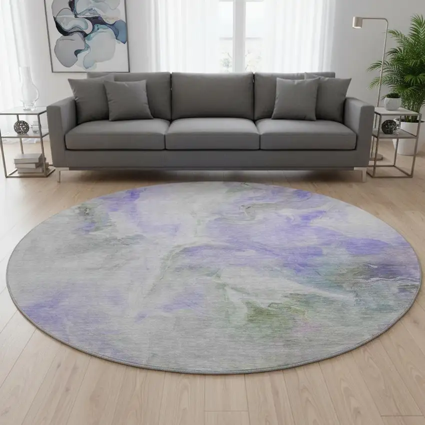 8' Lavender Gray And Silver Abstract Washable Round Rug With UV Protection Photo 2