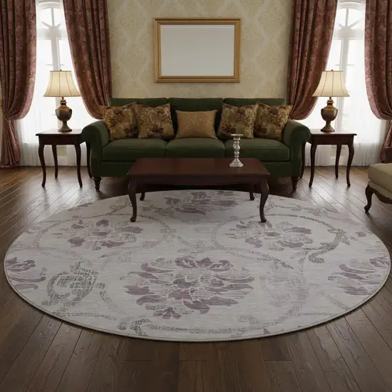 8' Lavender Gray And Silver Floral Washable Round Rug With UV Protection Photo 2