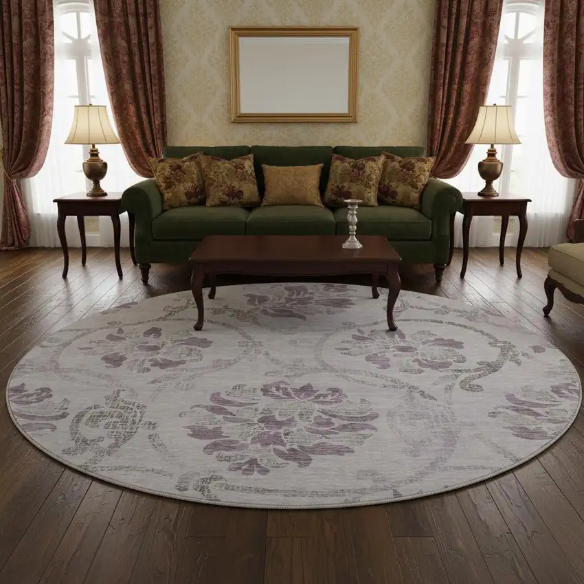 8' Lavender Gray And Silver Floral Washable Round Rug With UV Protection Photo 2