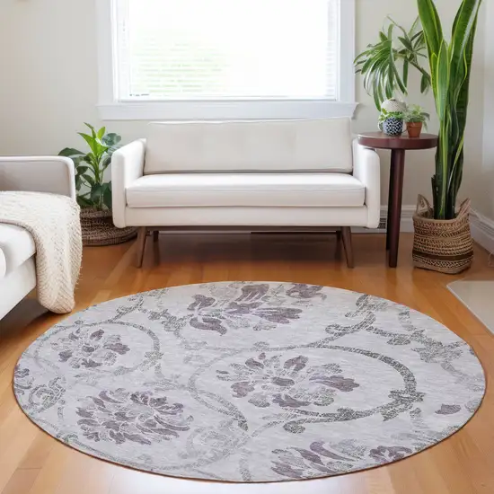 8' Lavender Gray And Silver Floral Washable Round Rug With UV Protection Photo 5