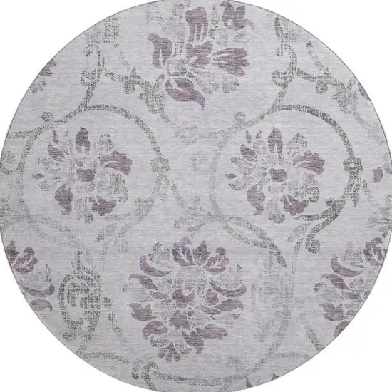 8' Lavender Gray And Silver Floral Washable Round Rug With UV Protection Photo 4