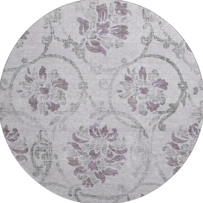 8' Lavender Gray And Silver Floral Washable Round Rug With UV Protection Photo 4