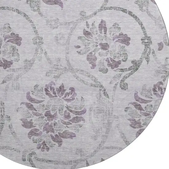 8' Lavender Gray And Silver Floral Washable Round Rug With UV Protection Photo 3