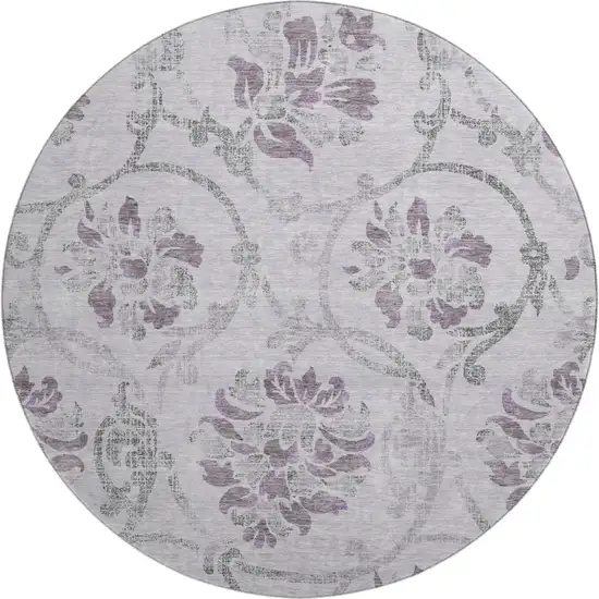 8' Lavender Gray And Silver Floral Washable Round Rug With UV Protection Photo 1