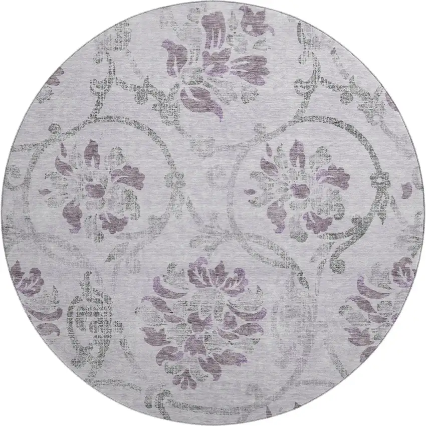 8' Lavender Gray And Silver Floral Washable Round Rug With UV Protection Photo 1