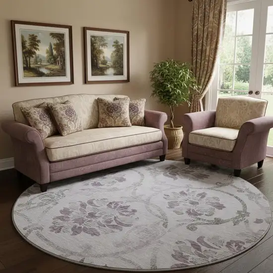 8' Lavender Gray And Silver Floral Washable Round Rug With UV Protection Photo 1