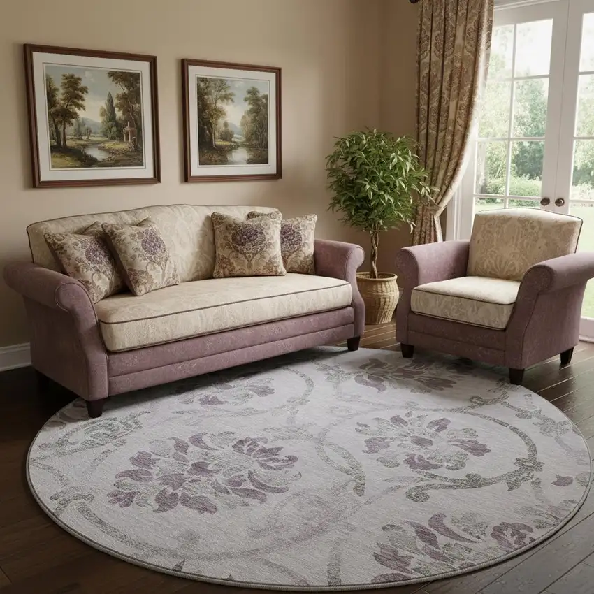 8' Lavender Gray And Silver Floral Washable Round Rug With UV Protection Photo 1