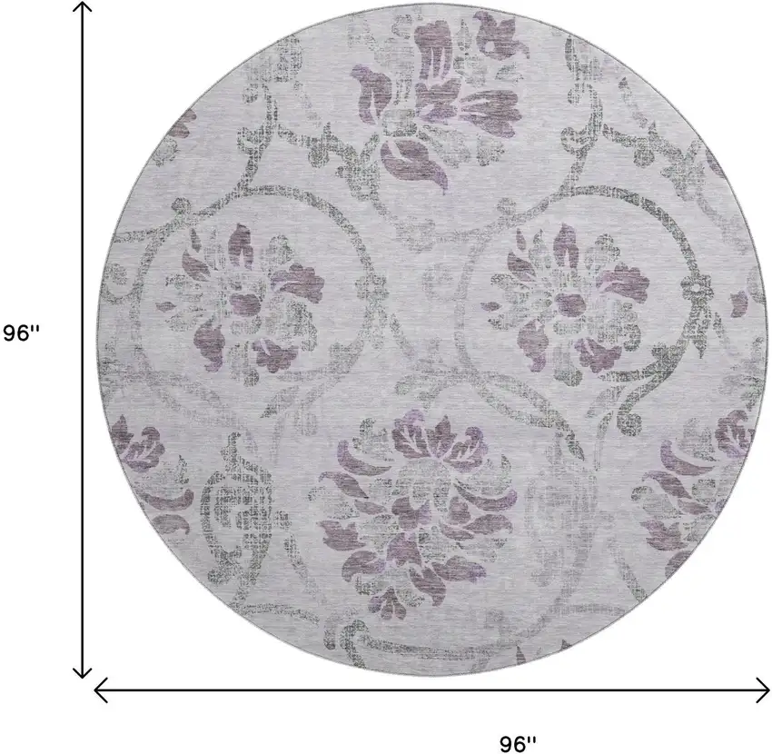 8' Lavender Gray And Silver Floral Washable Round Rug With UV Protection Photo 3