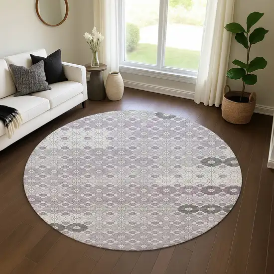 8' Lavender Gray And Silver Geometric Washable Round Rug With UV Protection Photo 4
