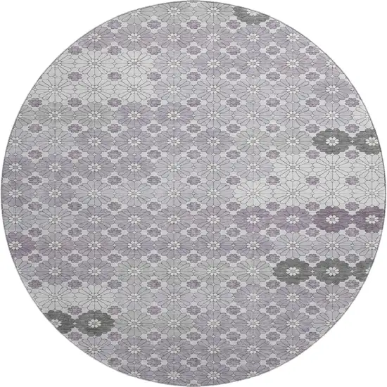 8' Lavender Gray And Silver Geometric Washable Round Rug With UV Protection Photo 1