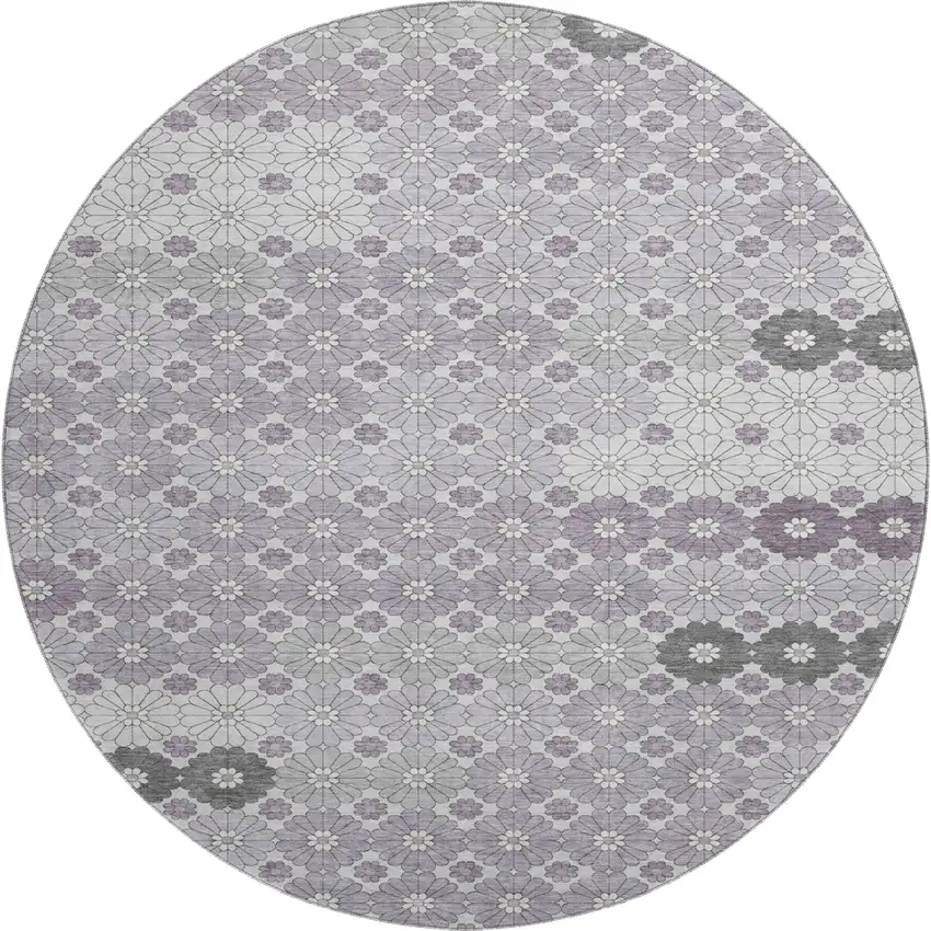 8' Lavender Gray And Silver Geometric Washable Round Rug With UV Protection Photo 1