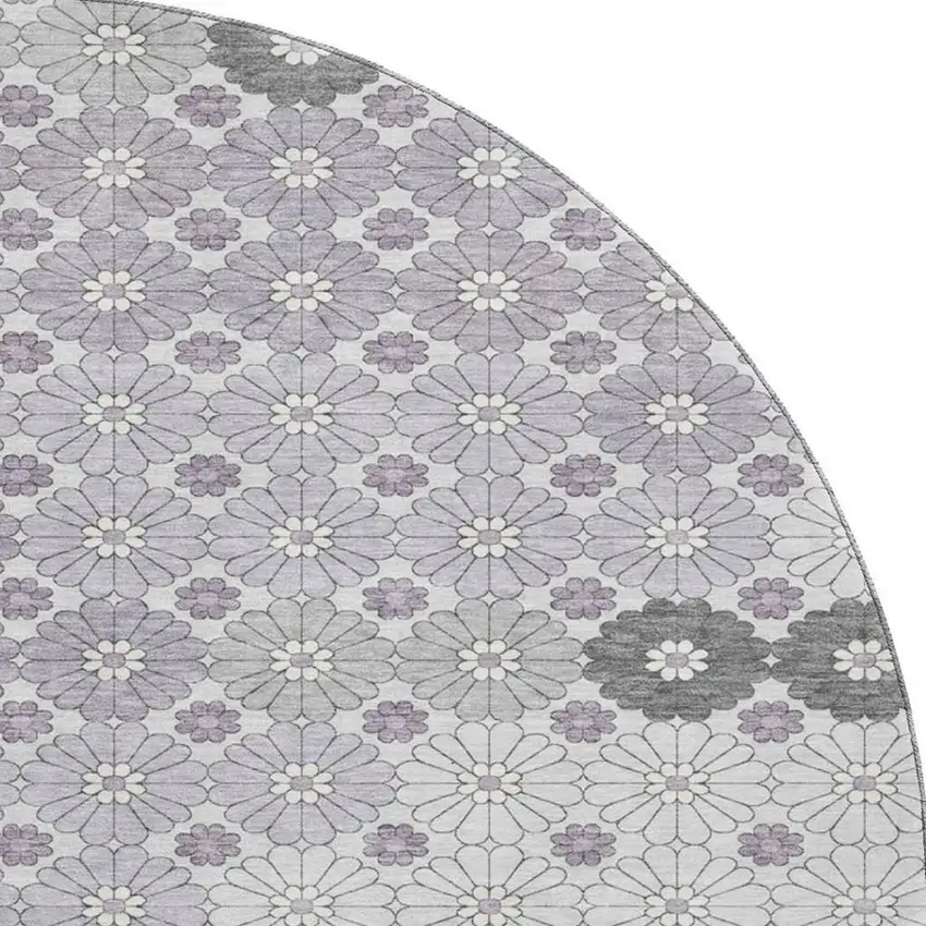 8' Lavender Gray And Silver Geometric Washable Round Rug With UV Protection Photo 2